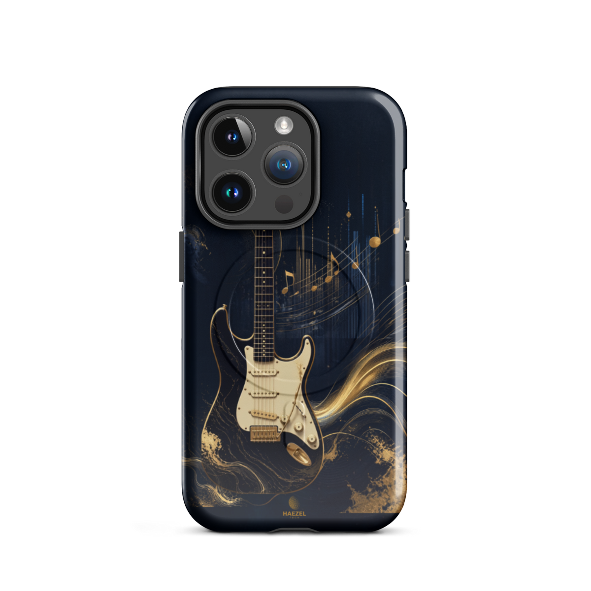 The Headliner iPhone Case, cream and gold electric guitar on navy. Haezel Tech Rhythm Series, view 4