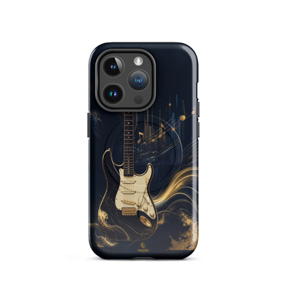 The Headliner iPhone Case, cream and gold electric guitar on navy. Haezel Tech Rhythm Series, view 4