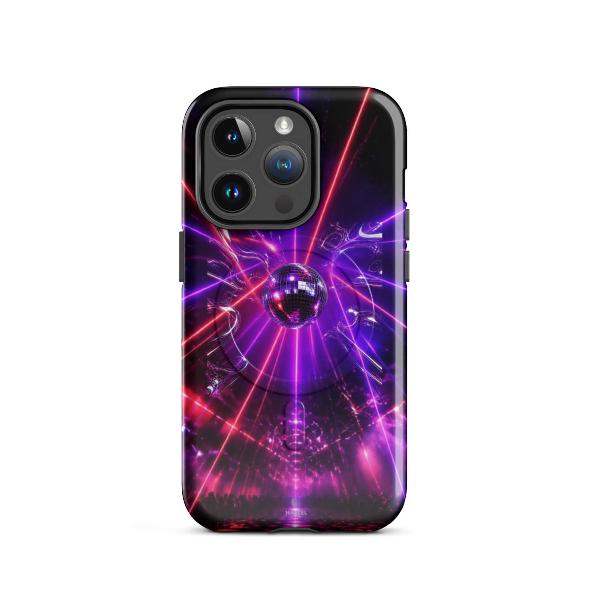 The Afterhours iPhone Case, magenta mirror ball cut by laser light. Haezel Tech Rhythm Series, view 4