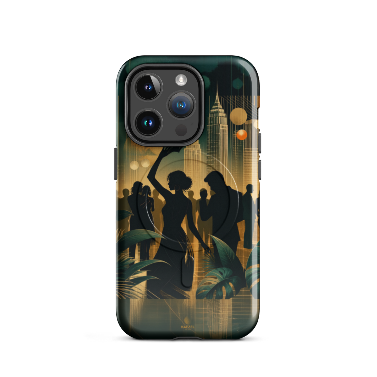 The Speakeasy iPhone Case, gold art deco dancers, city skyline and palm leaves. Haezel Tech Rhythm Series, view 4