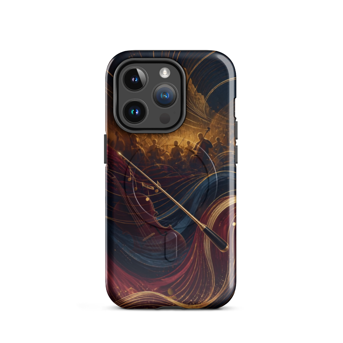 The Virtuoso iPhone Case, gold-line violin and bow over orchestra silhouettes. Haezel Tech Rhythm Series, view 4