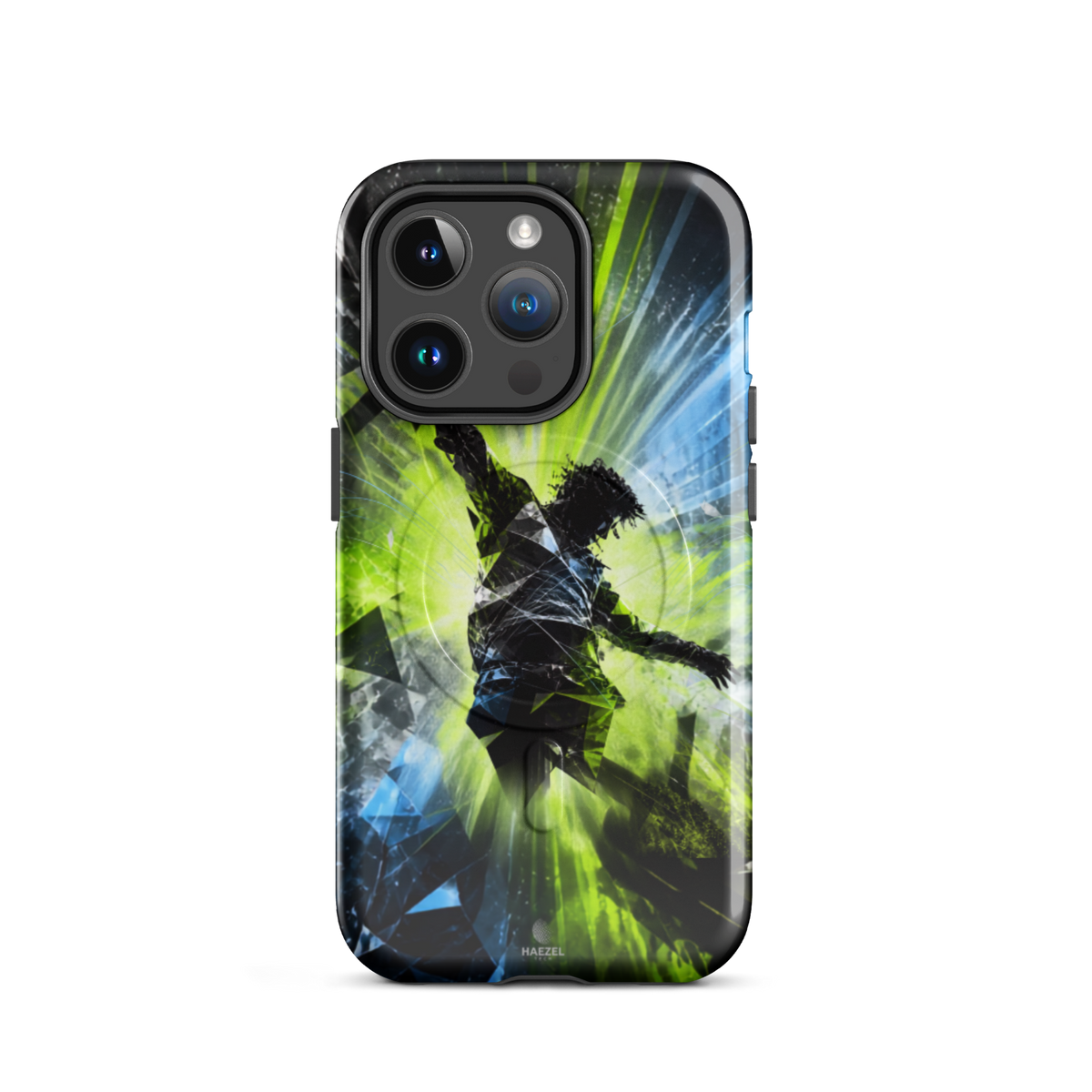 The Kinetic iPhone Case, lime dancer silhouette breaking into geometric shards. Haezel Tech Rhythm Series, view 4