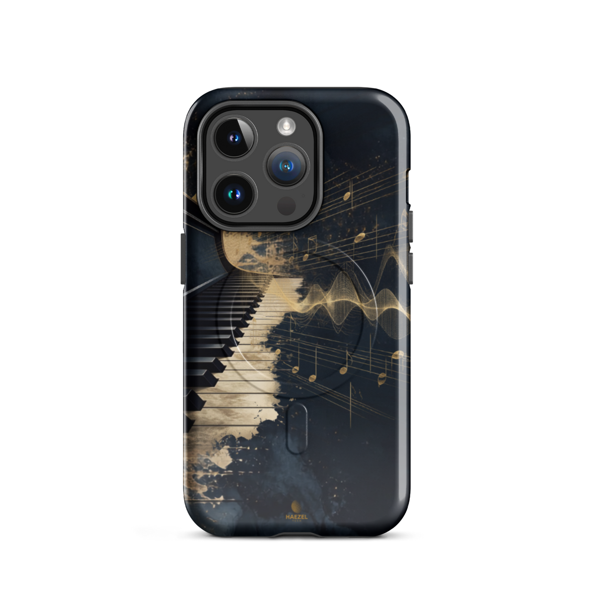 The Nocturne iPhone Case, piano keys and gold music notation on midnight navy. Haezel Tech Rhythm Series, view 4