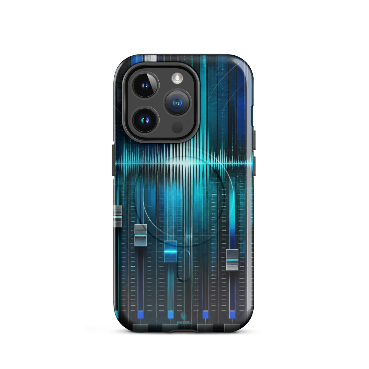 The Mixdown iPhone Case, cyan mixing desk faders and waveform peaks. Haezel Tech Rhythm Series, view 4