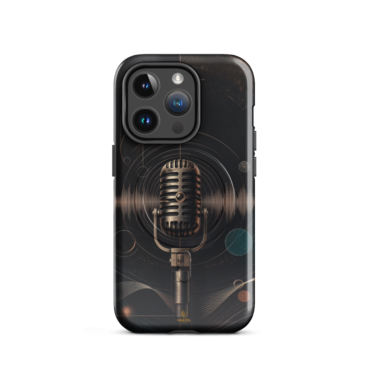 The Broadcast iPhone Case, bronze vintage microphone ringed by soundwaves. Haezel Tech Rhythm Series, view 4