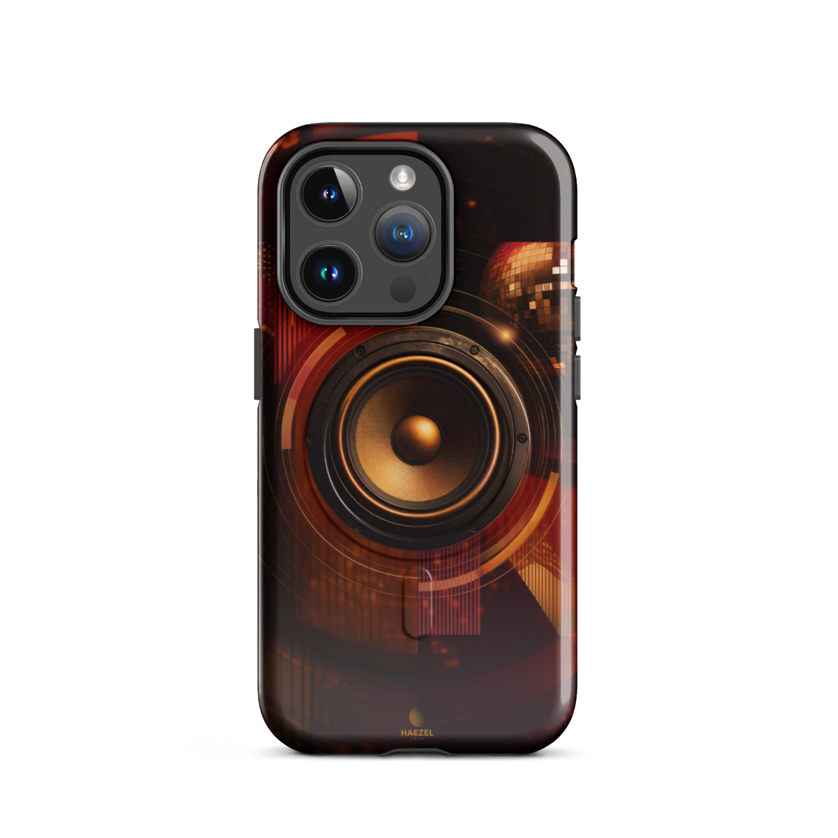 The Bassline iPhone Case, gold speaker cone split across red and black. Haezel Tech Rhythm Series, view 4