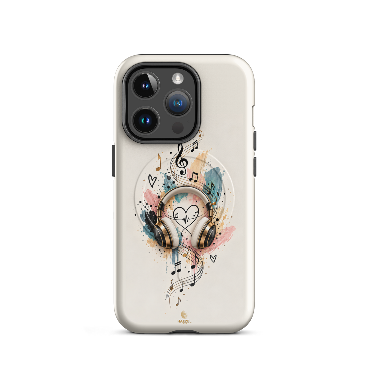 The Serenade Ivory iPhone Case, gold headphones and heartbeat in watercolour on ivory. Haezel Tech Rhythm Series, view 4