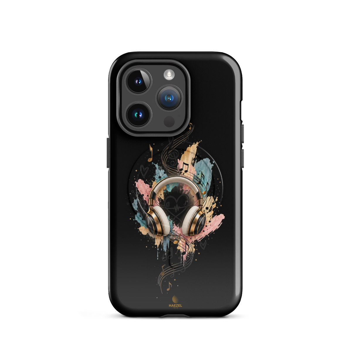 The Serenade Onyx iPhone Case, gold headphones and heartbeat in watercolour on black. Haezel Tech Rhythm Series, view 4