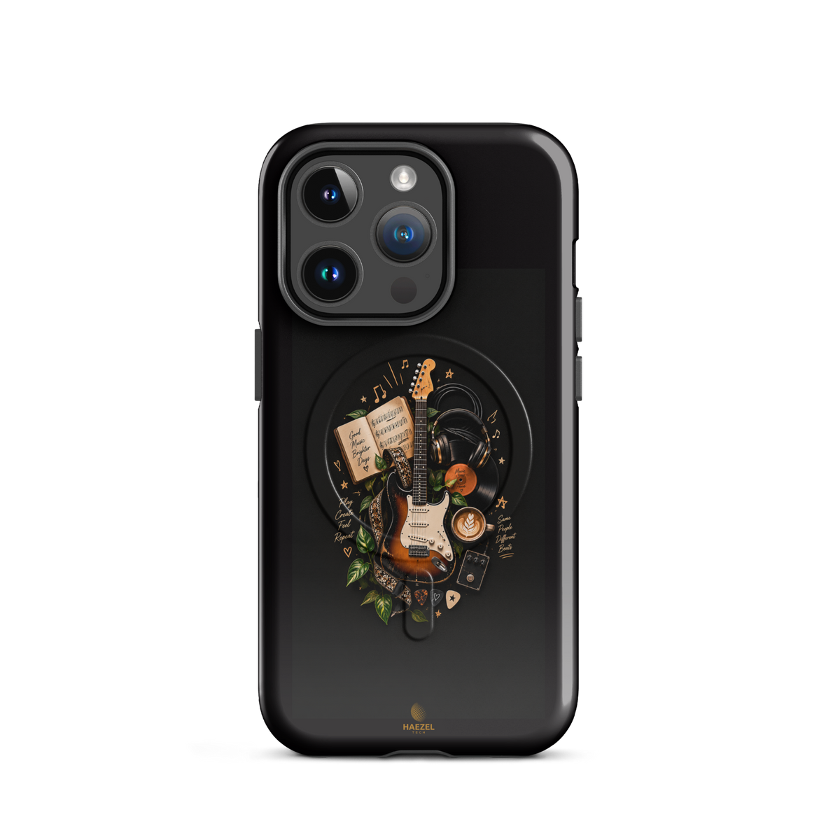 The Songbook iPhone Case, sunburst guitar and open songbook on black. Haezel Tech Rhythm Series, view 4
