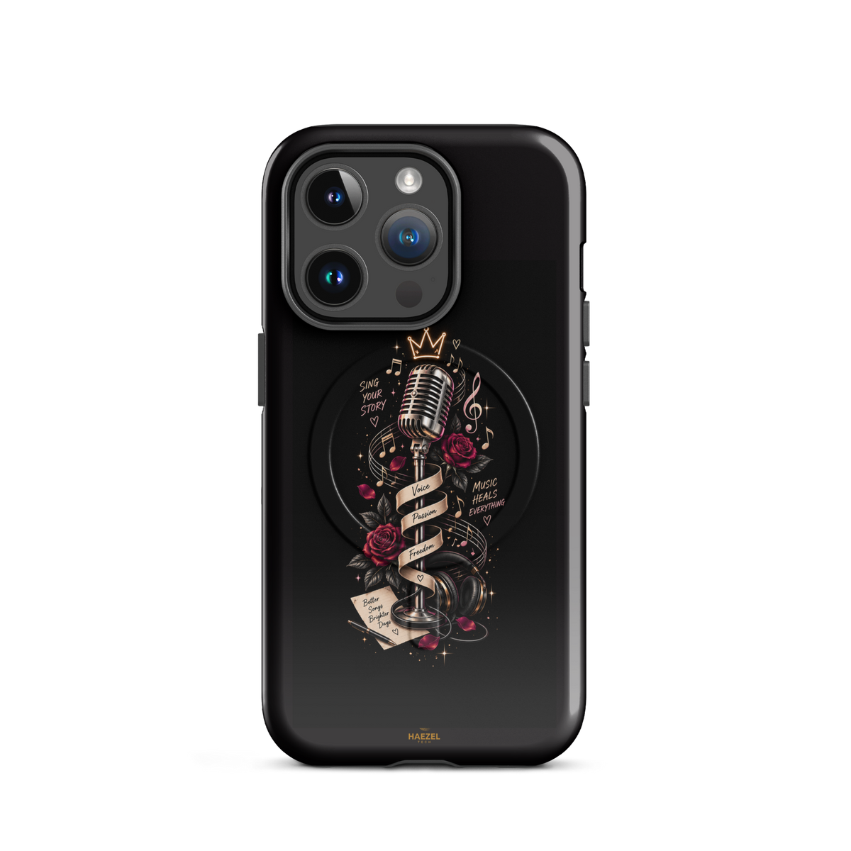 The Showstopper iPhone Case, crowned vintage microphone and red roses on black. Haezel Tech Rhythm Series, view 4