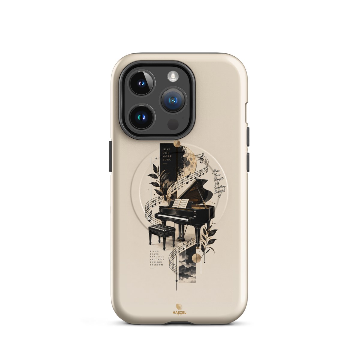 The Recital iPhone Case, grand piano and sheet music under a full moon on ivory. Haezel Tech Rhythm Series, view 4