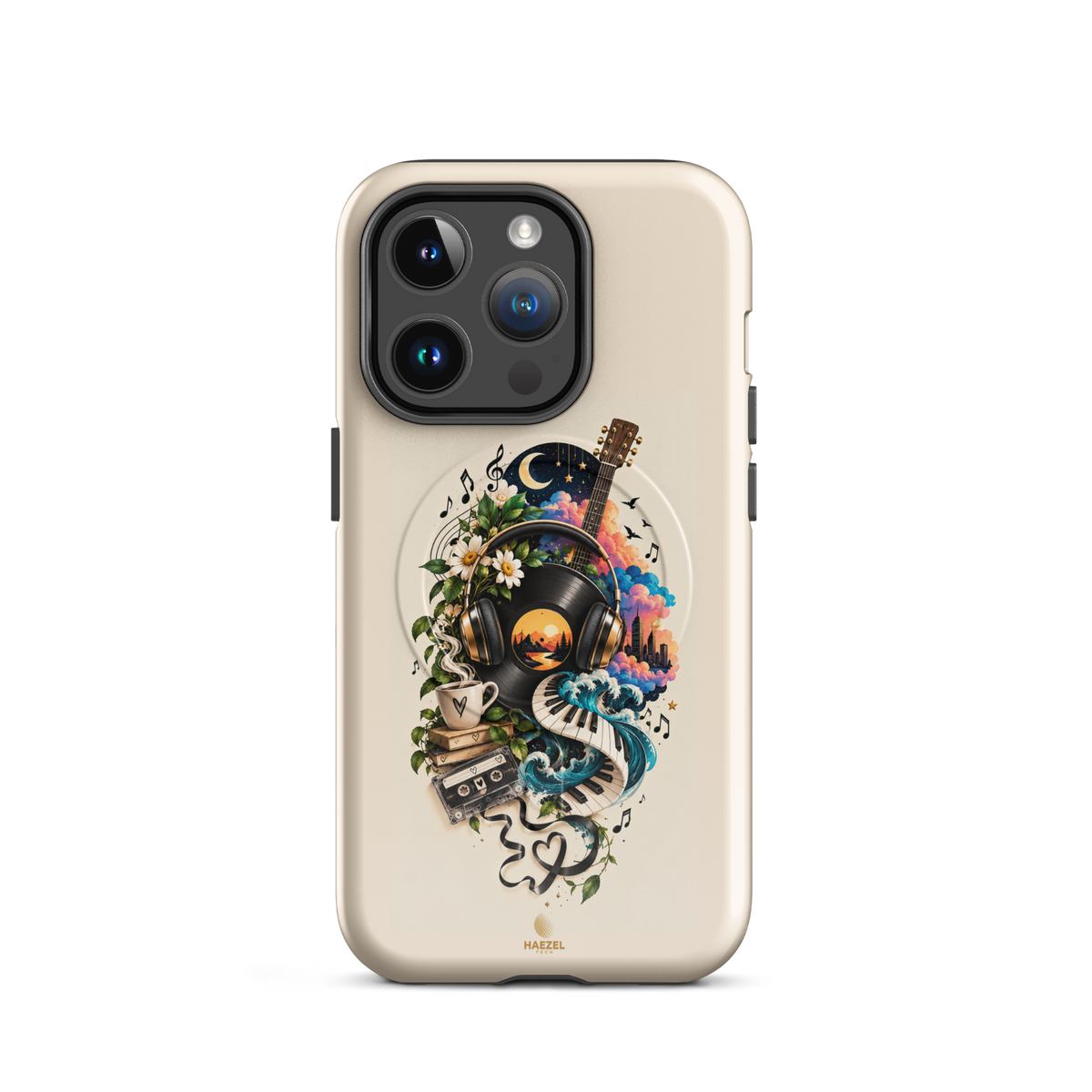The Playlist iPhone Case, vinyl, headphones, guitar and cassette collage on ivory. Haezel Tech Rhythm Series, view 4