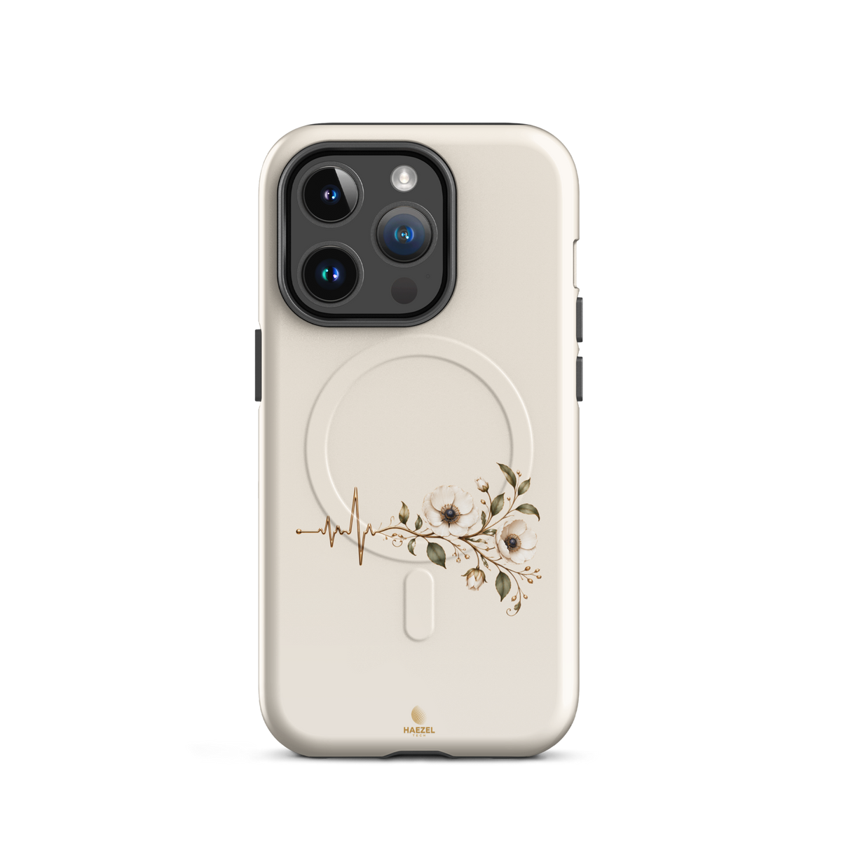 The Heartbeat iPhone Case, gold heartbeat line flowing into flowers on ivory. Haezel Tech Healer Series, view 4
