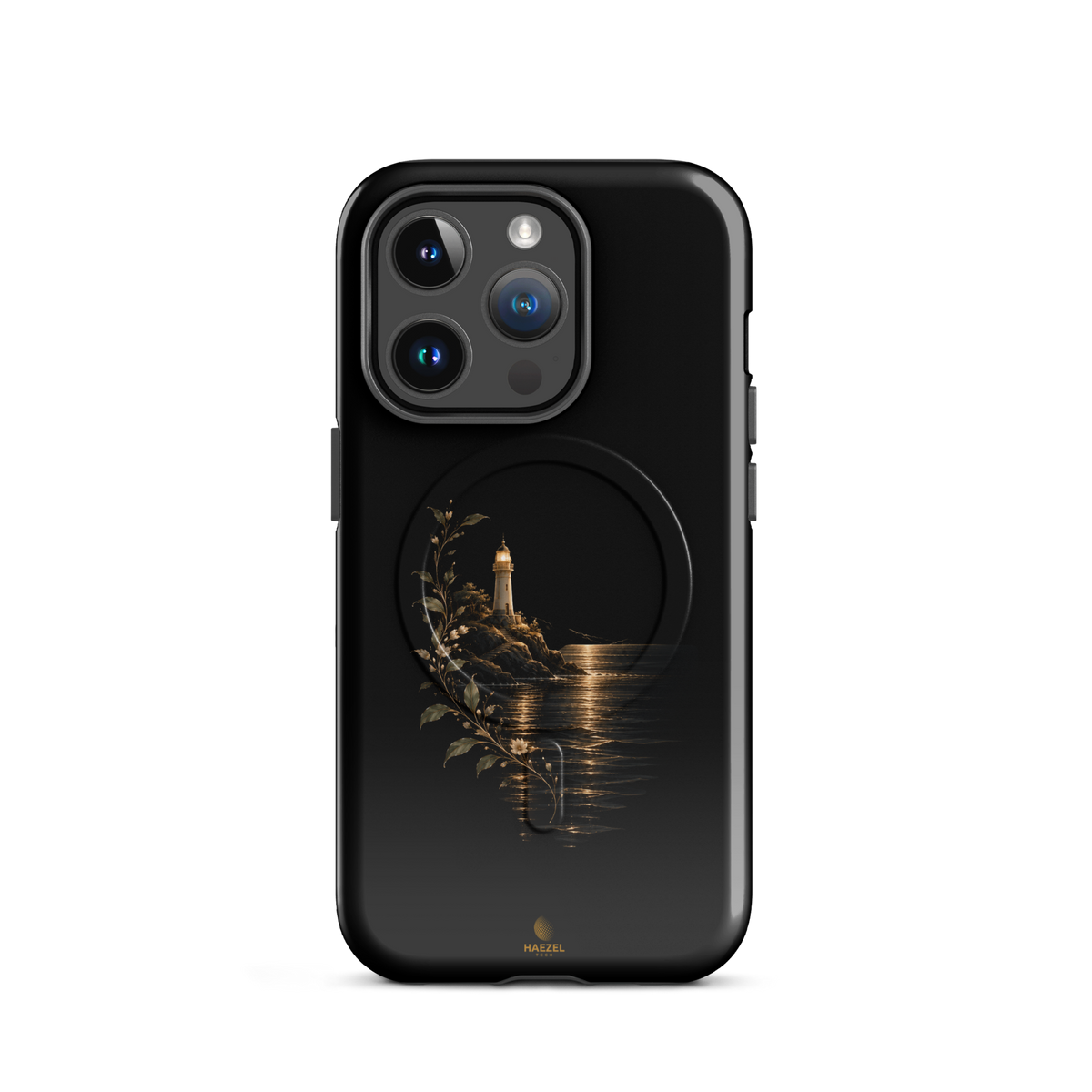 The Lighthouse iPhone Case, lighthouse glowing over still water with gold flowers on black. Haezel Tech Healer Series, view 4