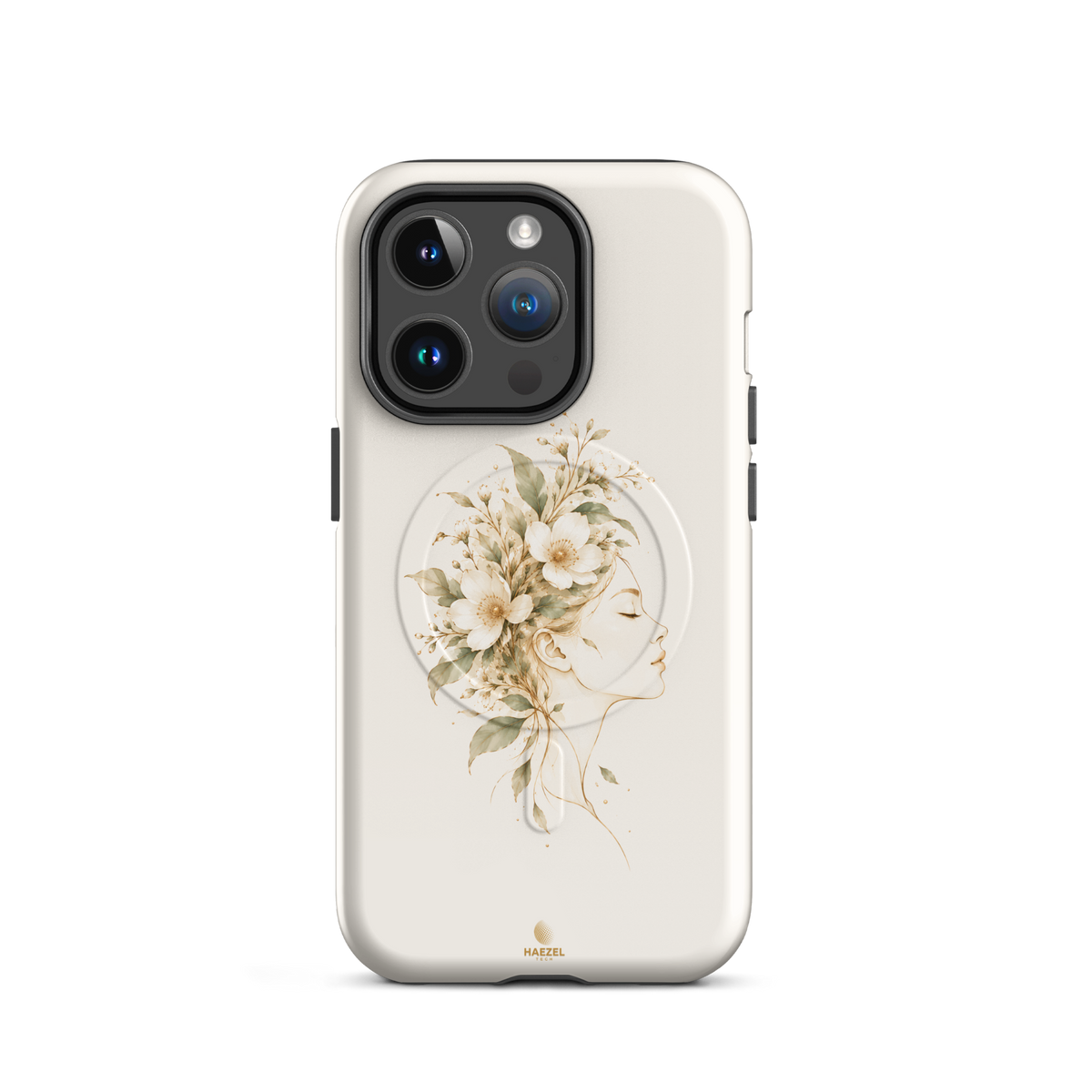 The Blooming Mind Ivory iPhone Case, woman's profile with flowers blooming from her mind on ivory. Haezel Tech Healer Series, view 4