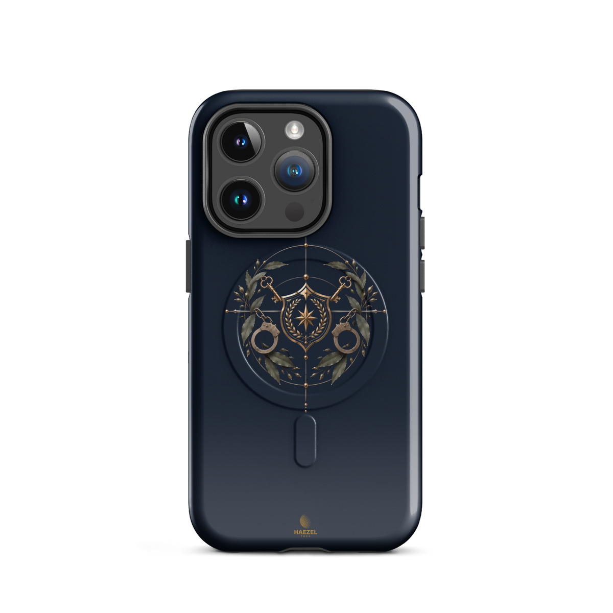 The Watch iPhone Case, gold shield with crossed keys and laurel wreath on navy. Haezel Tech Guardian Series, view 4