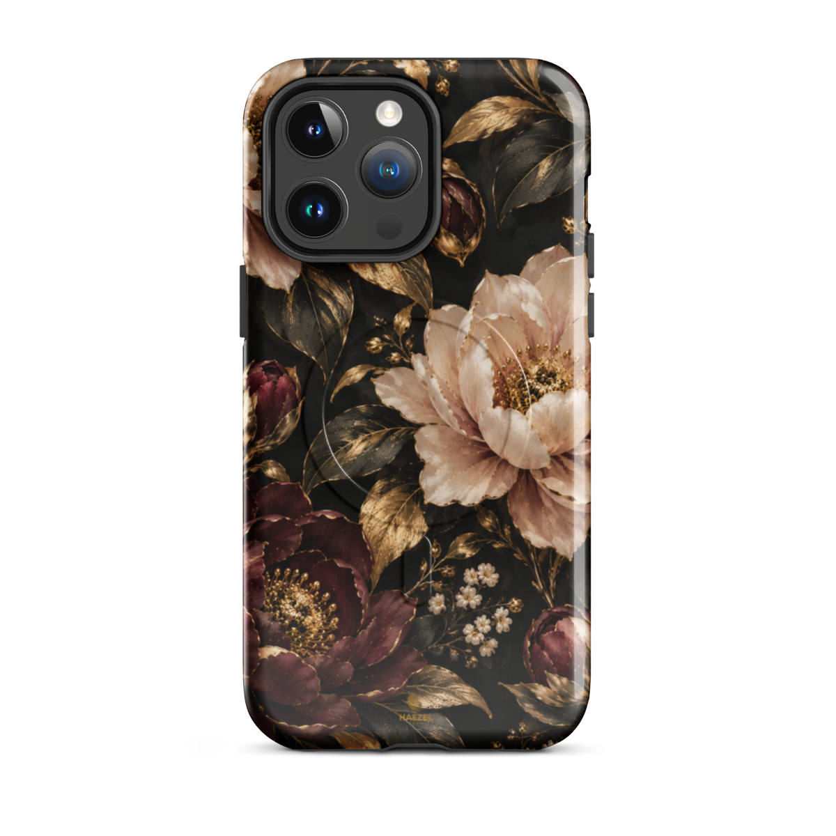 The Peony iPhone Case by Haezel Tech — blush and burgundy peonies with gold foliage on black