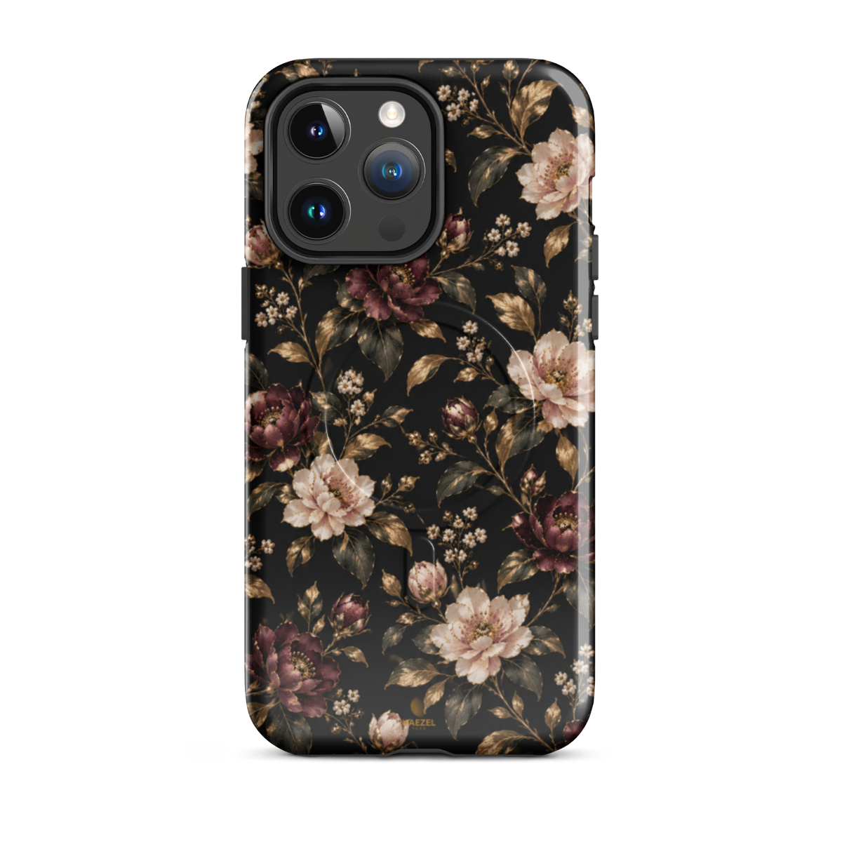 The Rosewood iPhone Case by Haezel Tech — dusky rose and burgundy florals with gold leaves on black