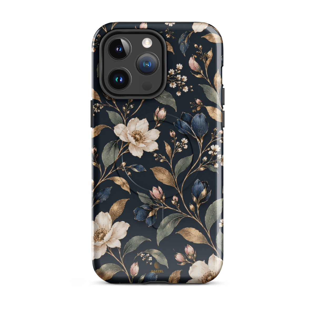 The Camellia iPhone Case by Haezel Tech — ivory camellias and gold leaves on deep navy