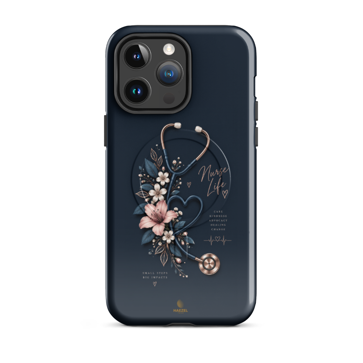 The Pledge iPhone case - rose-gold stethoscope, lilies and heartbeat on navy. Haezel Tech Healer Series.