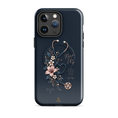 The Pledge iPhone Case, rose-gold stethoscope and lilies on navy. Haezel Tech Healer Series, view 5