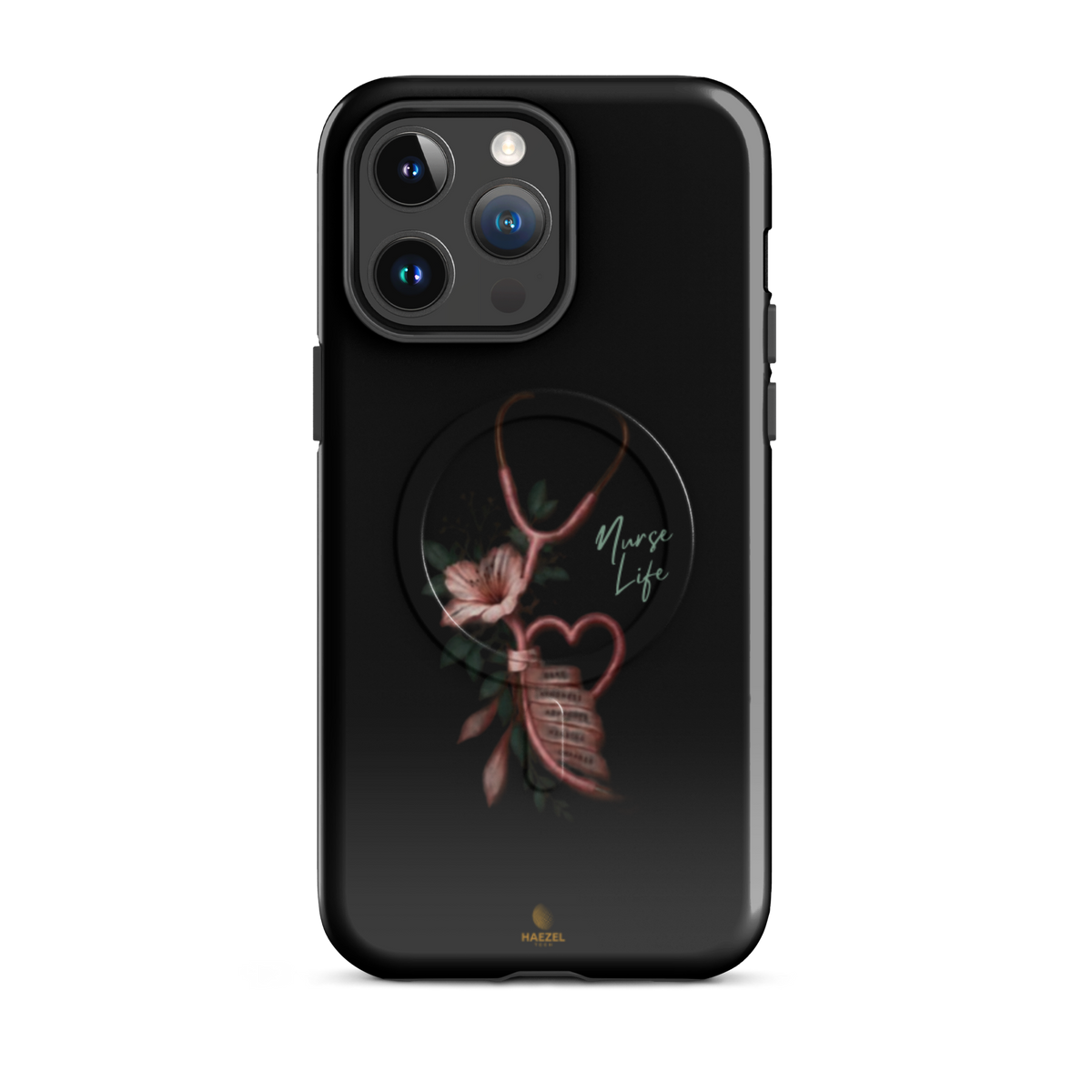 The Devotion Onyx iPhone case - rose stethoscope heart and lilies on black. Haezel Tech Healer Series.