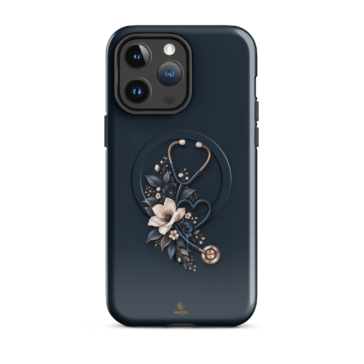 The Grace iPhone case - cream anemones and rose-gold stethoscope on navy. Haezel Tech Healer Series.
