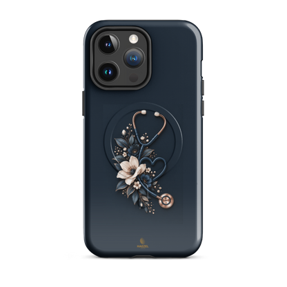 The Grace iPhone Case, anemones and rose-gold stethoscope on navy. Haezel Tech Healer Series, view 5