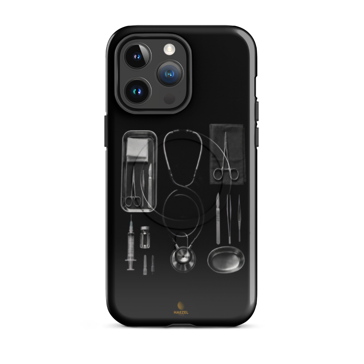 The Theatre iPhone case - silver surgical instrument tray on black. Haezel Tech Healer Series.