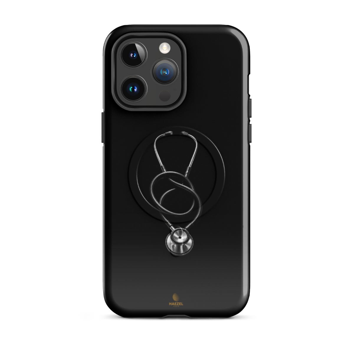 The Oath iPhone case - single silver stethoscope on black. Haezel Tech Healer Series.