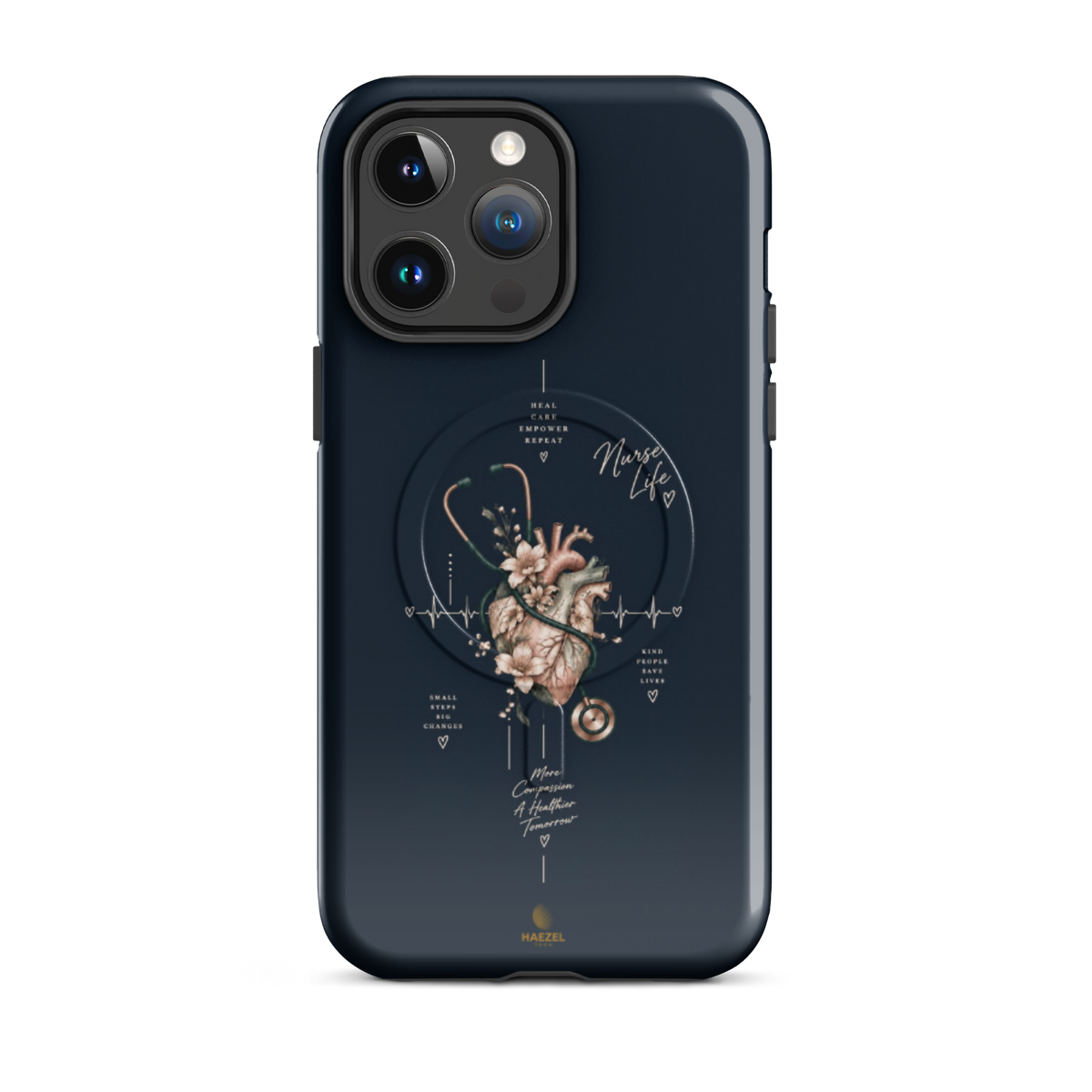 The Pulse iPhone case - anatomical heart in bloom with ECG line on navy. Haezel Tech Healer Series.
