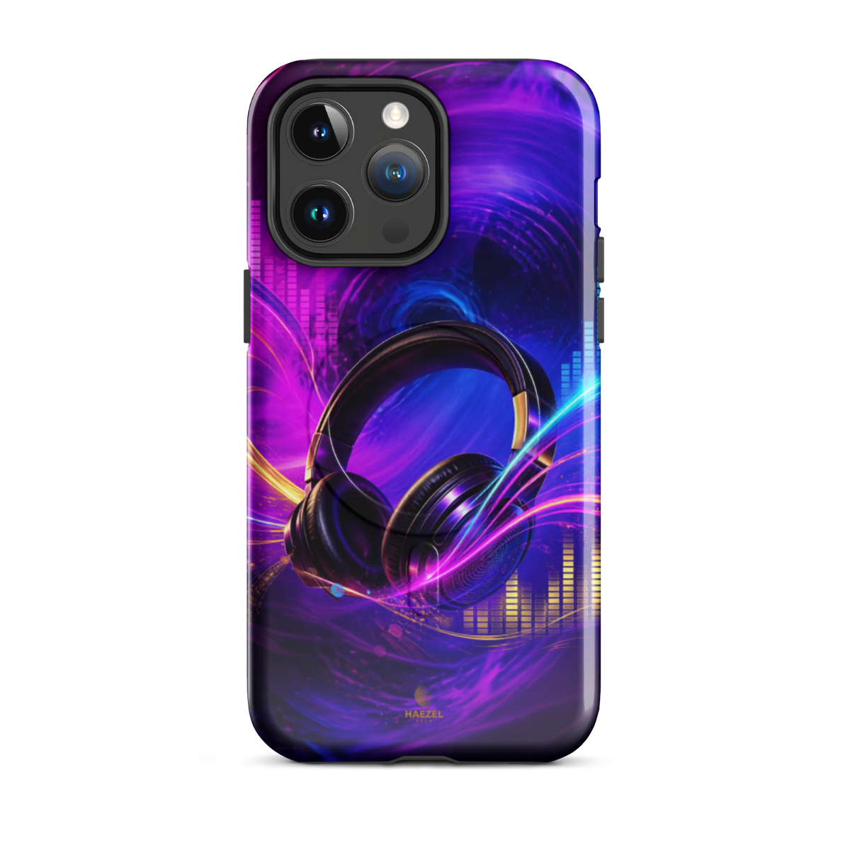 The Frequency iPhone Case, studio headphones on a neon equaliser swirl. Haezel Tech Rhythm Series, view 5