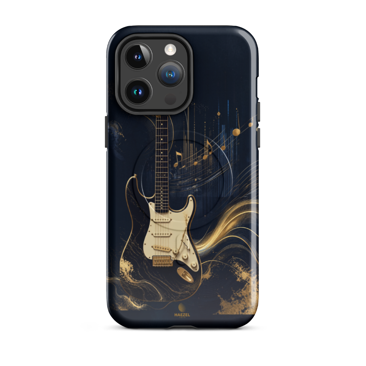 The Headliner iPhone Case, cream and gold electric guitar on navy. Haezel Tech Rhythm Series, view 5
