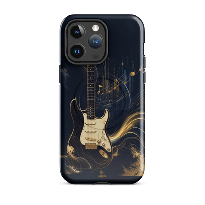 The Headliner iPhone Case, cream and gold electric guitar on navy. Haezel Tech Rhythm Series, view 5
