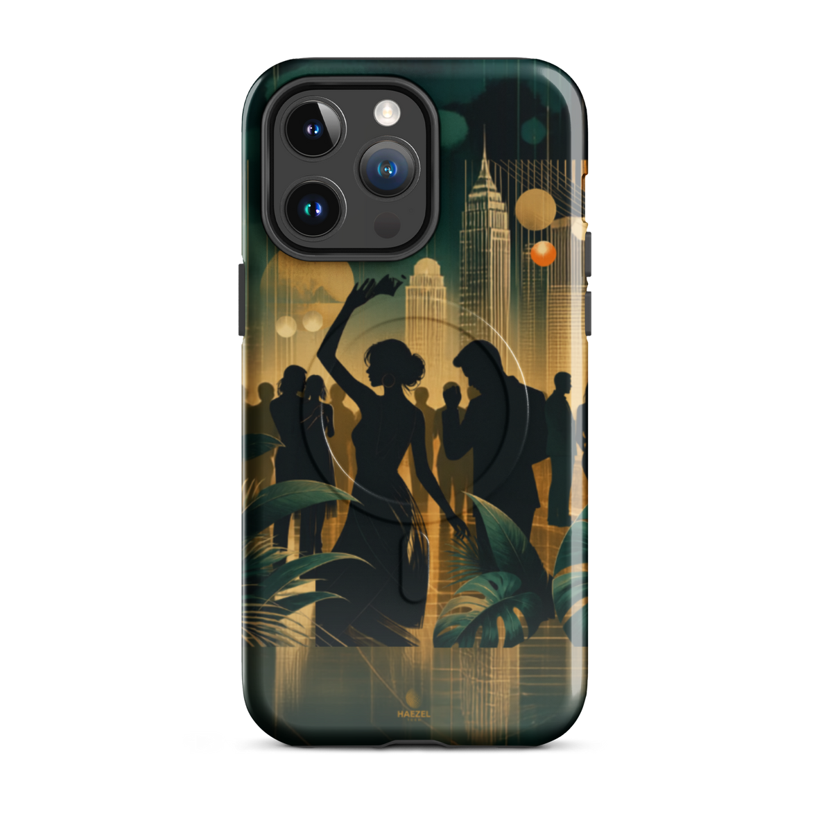 The Speakeasy iPhone Case, gold art deco dancers, city skyline and palm leaves. Haezel Tech Rhythm Series, view 5