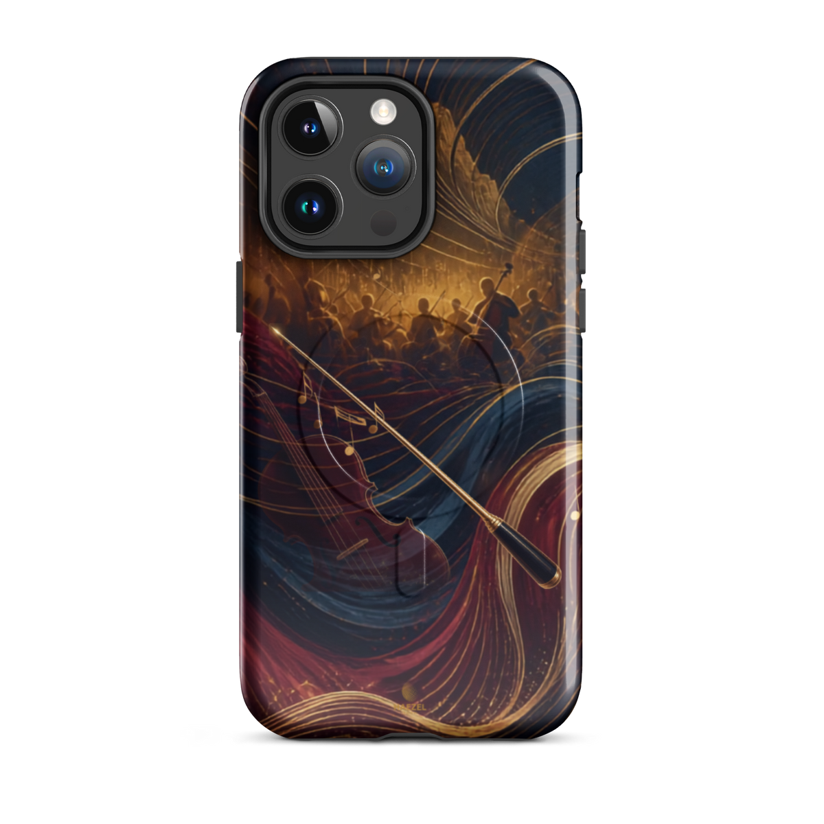 The Virtuoso iPhone Case, gold-line violin and bow over orchestra silhouettes. Haezel Tech Rhythm Series, view 5
