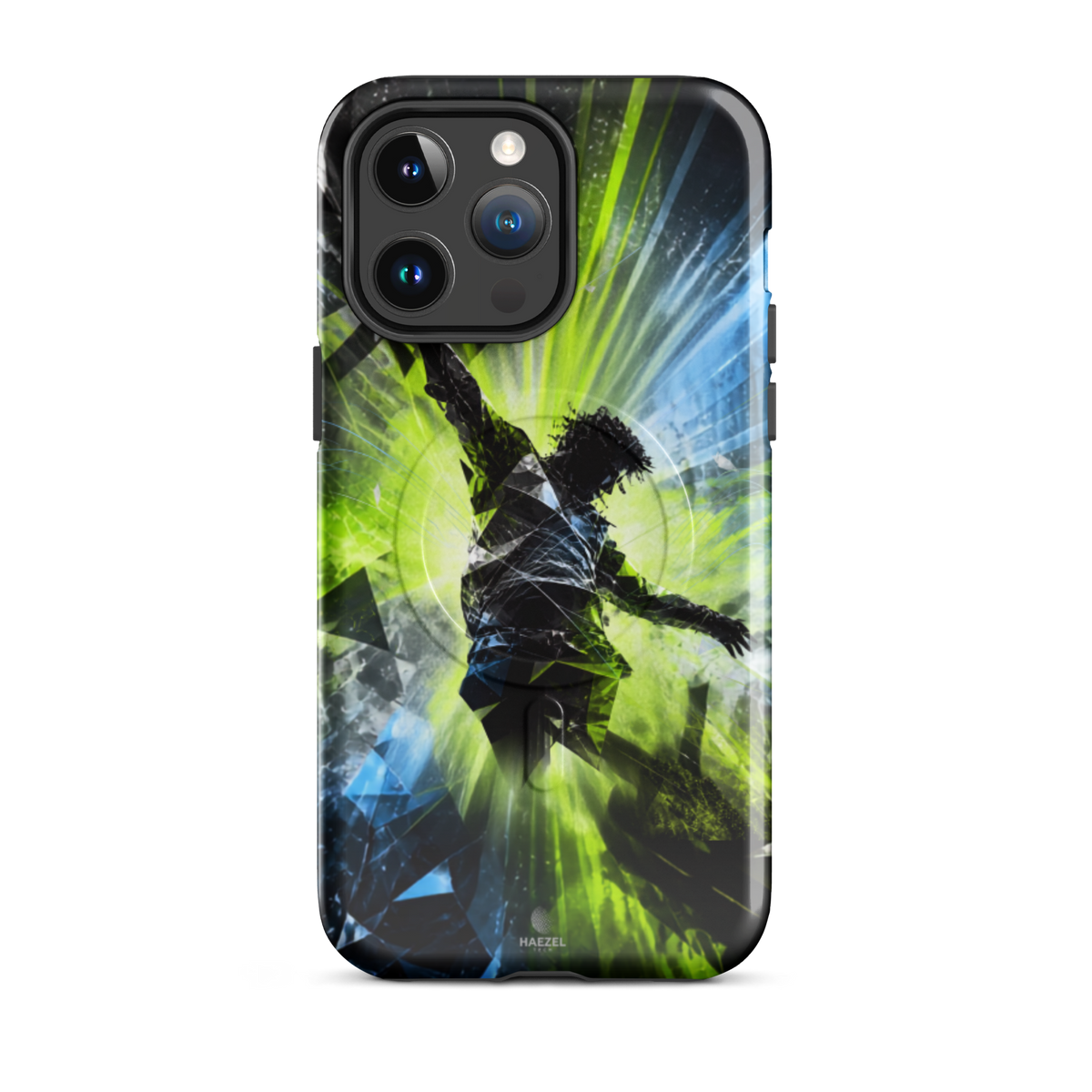 The Kinetic iPhone Case, lime dancer silhouette breaking into geometric shards. Haezel Tech Rhythm Series, view 5