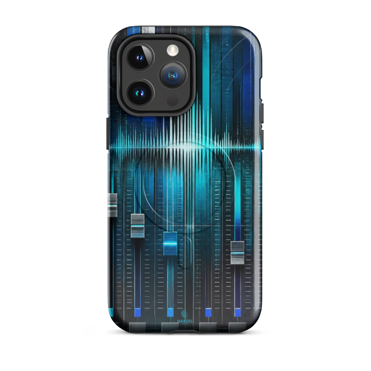 The Mixdown iPhone Case, cyan mixing desk faders and waveform peaks. Haezel Tech Rhythm Series, view 5