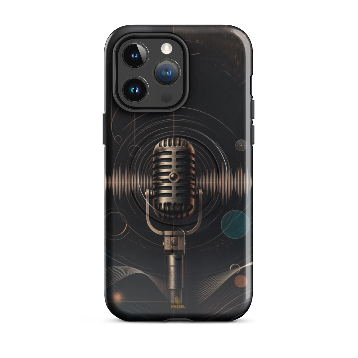 The Broadcast iPhone Case, bronze vintage microphone ringed by soundwaves. Haezel Tech Rhythm Series, view 5