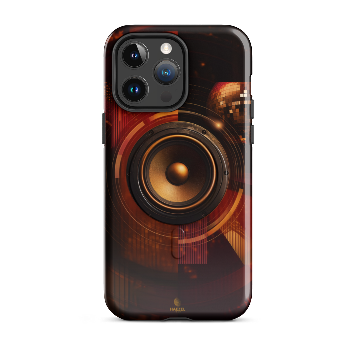 The Bassline iPhone Case, gold speaker cone split across red and black. Haezel Tech Rhythm Series, view 5