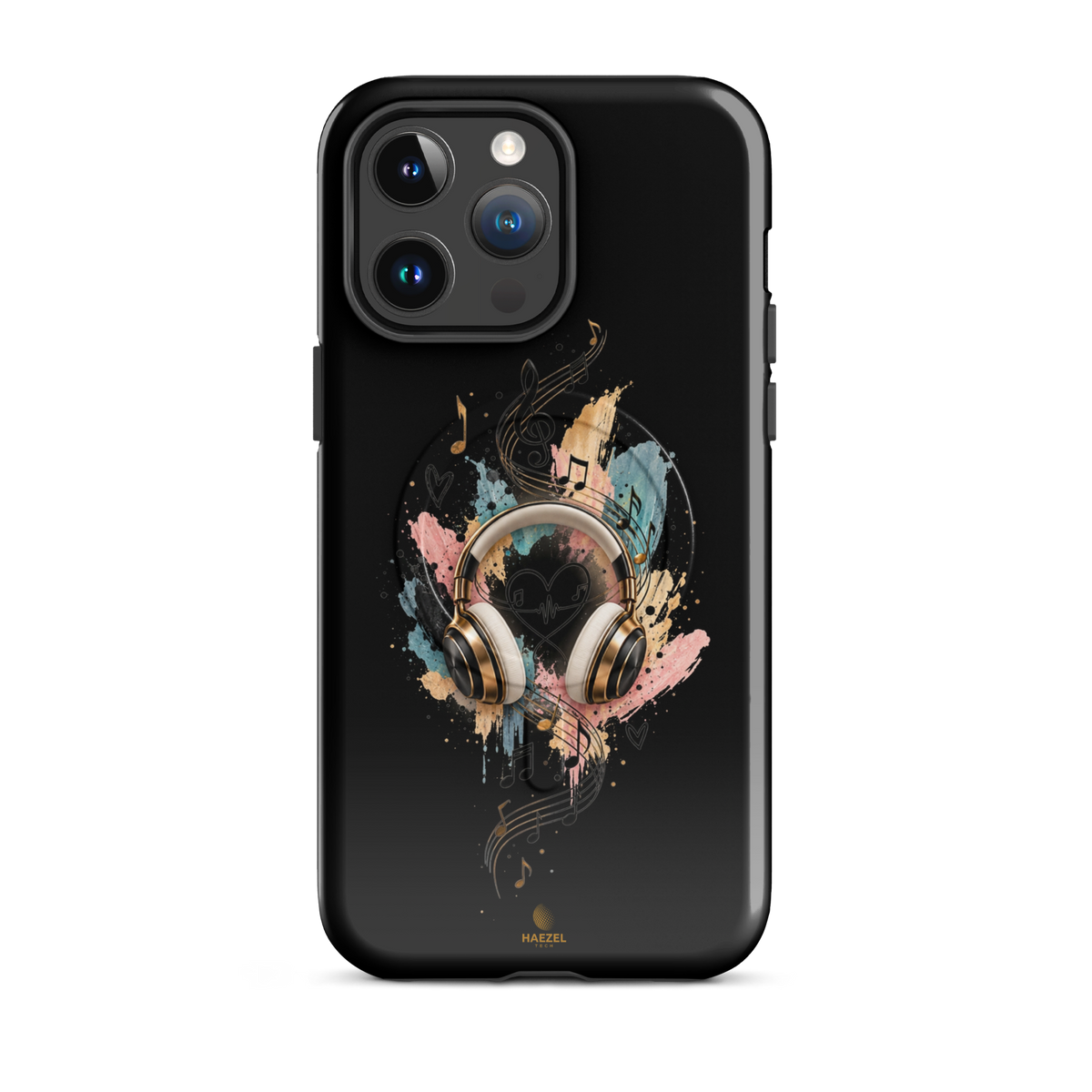 The Serenade Onyx iPhone Case, gold headphones and heartbeat in watercolour on black. Haezel Tech Rhythm Series, view 5