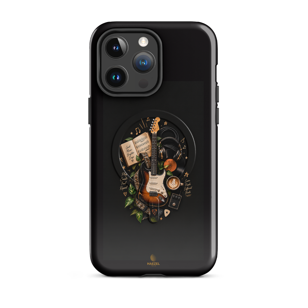 The Songbook iPhone Case, sunburst guitar and open songbook on black. Haezel Tech Rhythm Series, view 5