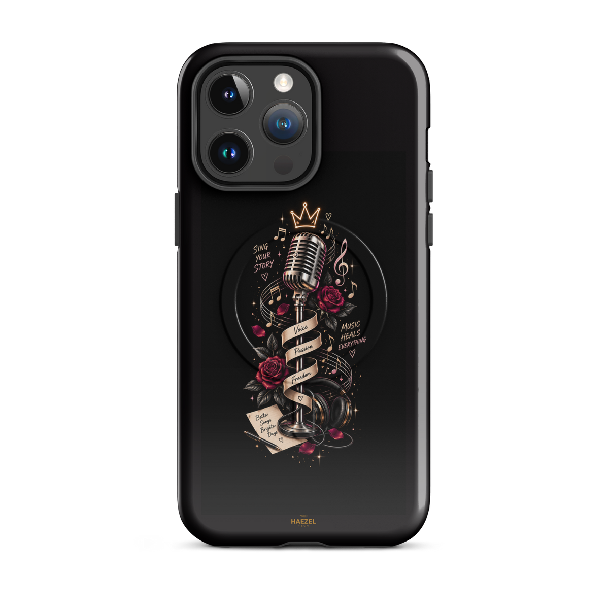 The Showstopper iPhone Case, crowned vintage microphone and red roses on black. Haezel Tech Rhythm Series, view 5