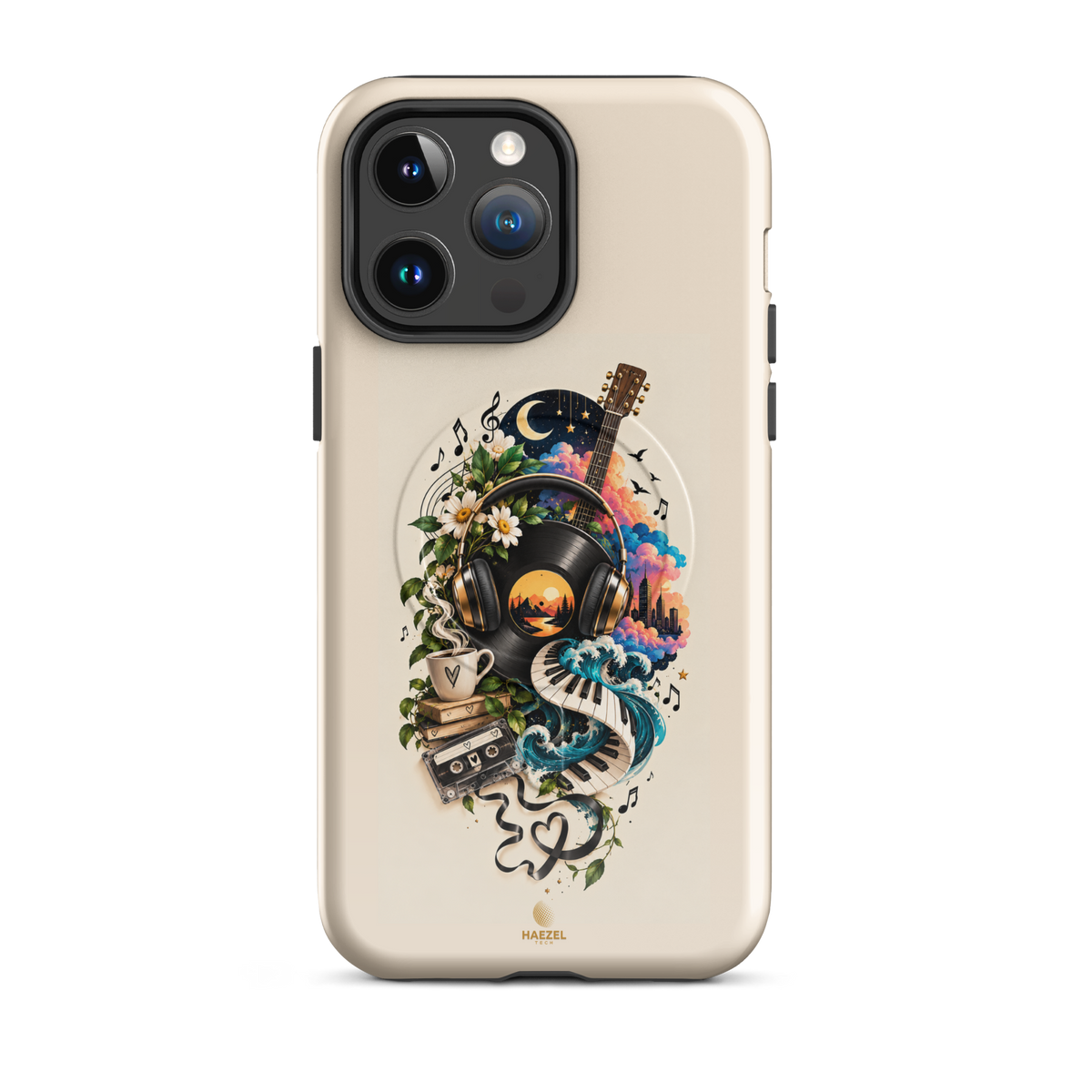 The Playlist iPhone Case, vinyl, headphones, guitar and cassette collage on ivory. Haezel Tech Rhythm Series, view 5