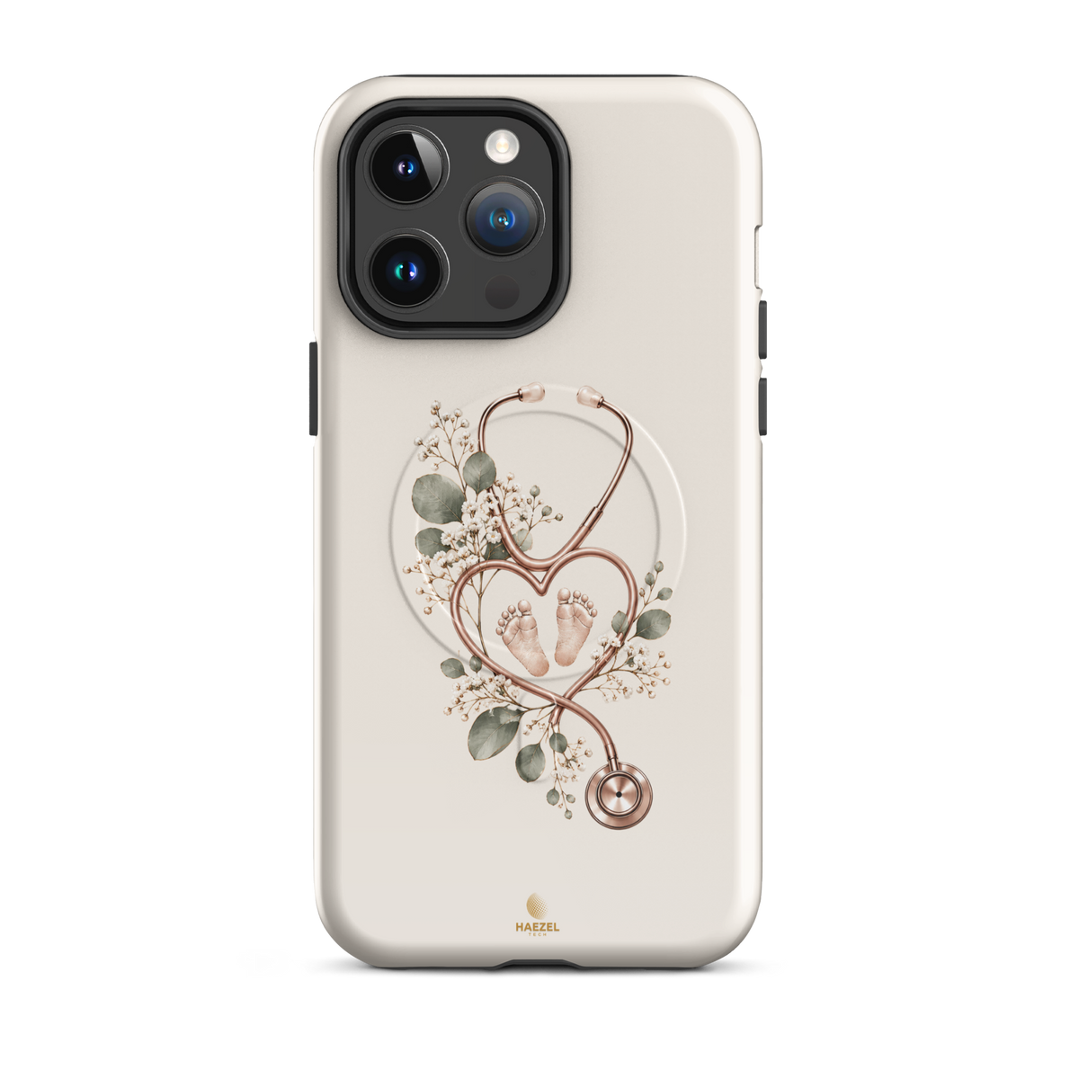 The Midwife Ivory iPhone Case, stethoscope heart with tiny baby feet on ivory. Haezel Tech Healer Series, view 5
