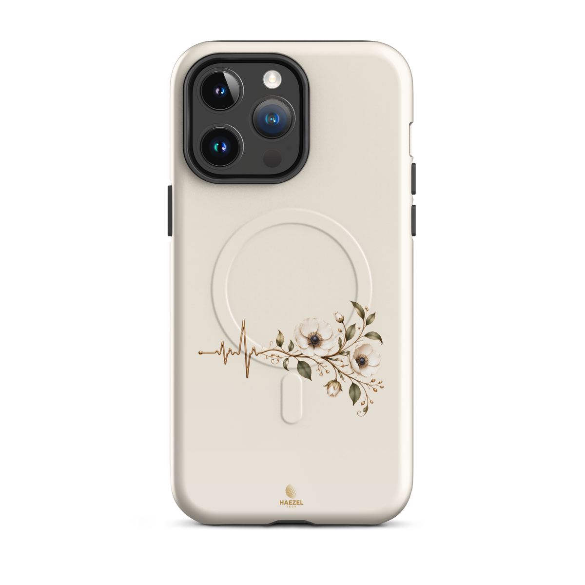The Heartbeat iPhone Case, gold heartbeat line flowing into flowers on ivory. Haezel Tech Healer Series, view 5