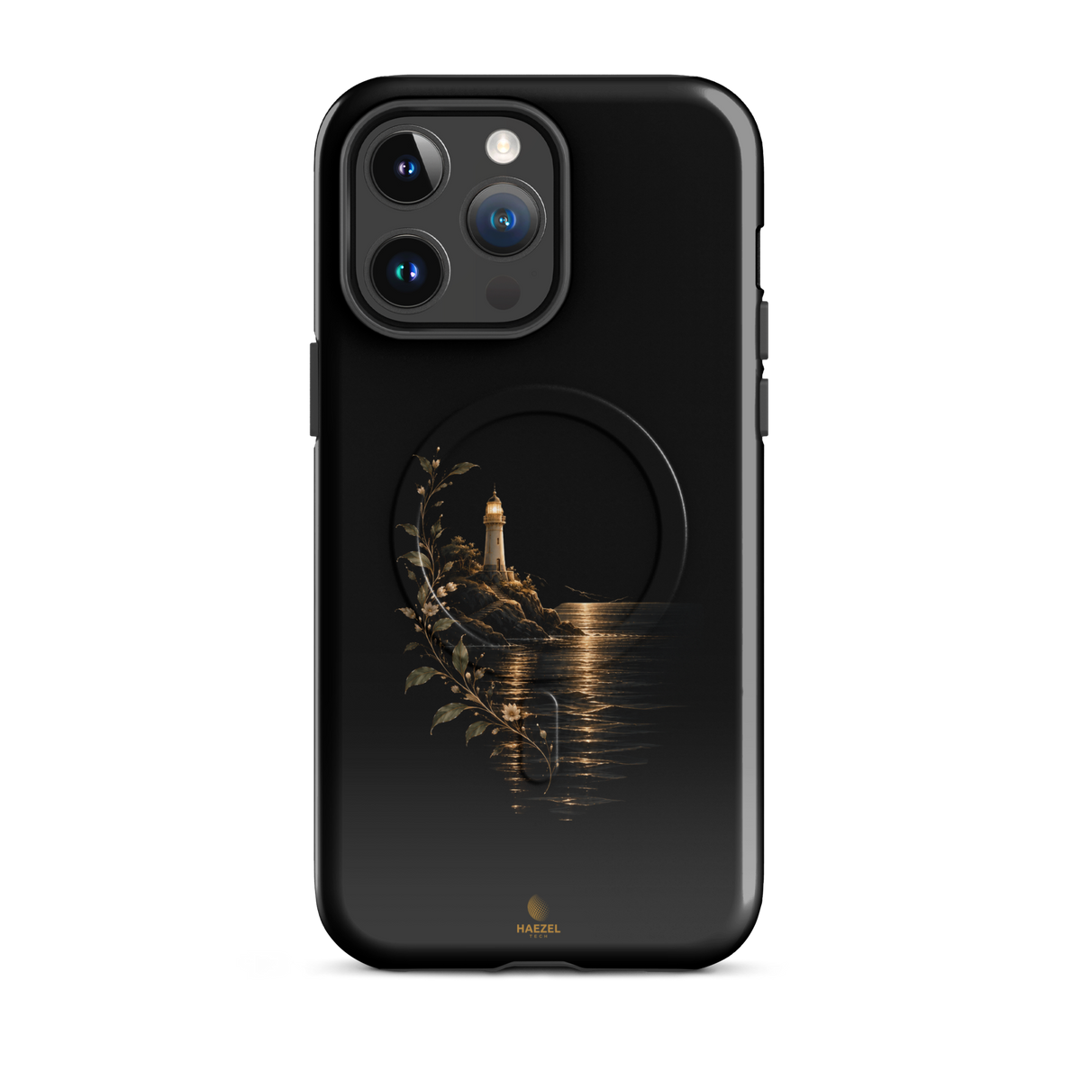 The Lighthouse iPhone Case, lighthouse glowing over still water with gold flowers on black. Haezel Tech Healer Series, view 5