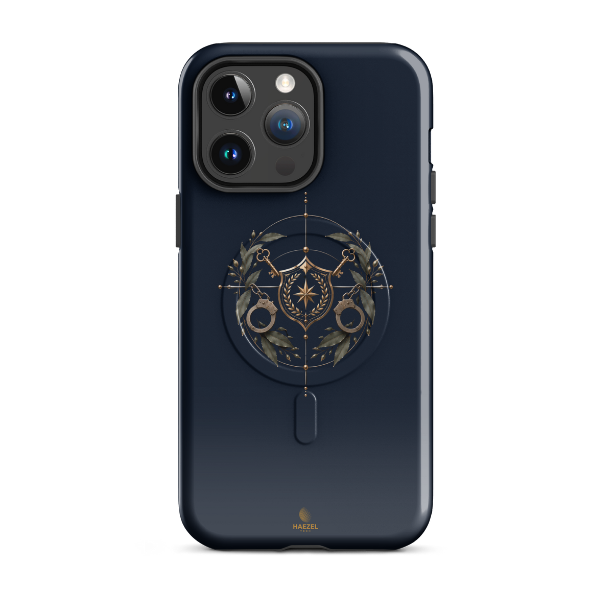 The Watch iPhone Case, gold shield with crossed keys and laurel wreath on navy. Haezel Tech Guardian Series, view 5