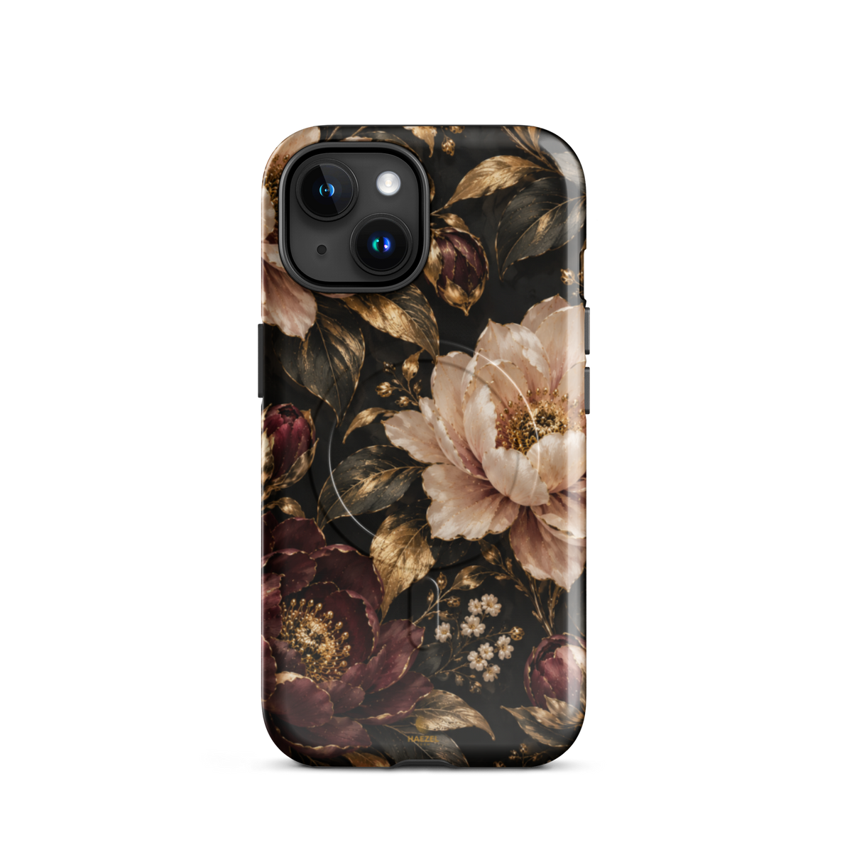 The Peony iPhone Case by Haezel Tech — blush and burgundy peonies with gold foliage on black