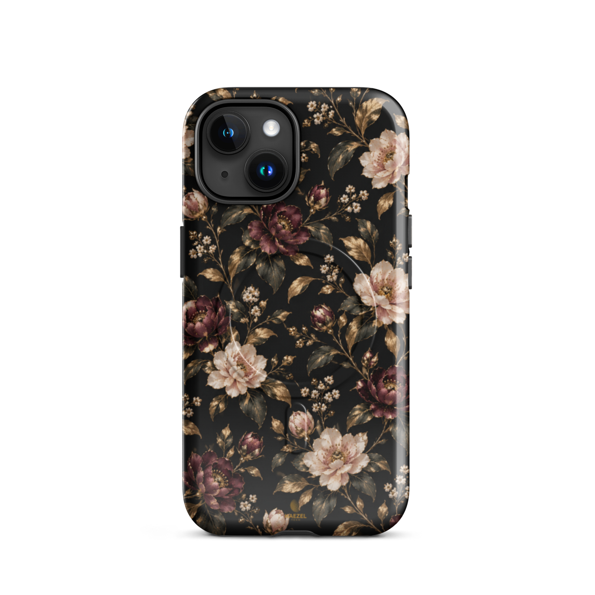 The Rosewood iPhone Case by Haezel Tech — dusky rose and burgundy florals with gold leaves on black